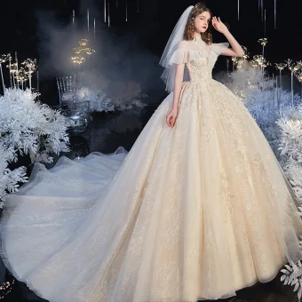 Audrey Hepburn Style Vintage Retro Champagne See Through Bridal Wedding Dresses 2020 Ball Gown High Neck Short Sleeve Appliques Flower Beading Chapel Train Ruffle