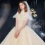 Audrey Hepburn Style Vintage / Retro Champagne See-through Bridal Wedding Dresses 2020 Ball Gown High Neck Short Sleeve Appliques Flower Beading Chapel Train Ruffle