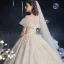 Audrey Hepburn Style Vintage / Retro Champagne See-through Bridal Wedding Dresses 2020 Ball Gown High Neck Short Sleeve Appliques Flower Beading Chapel Train Ruffle