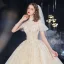 Audrey Hepburn Style Vintage / Retro Champagne See-through Bridal Wedding Dresses 2020 Ball Gown High Neck Short Sleeve Appliques Flower Beading Chapel Train Ruffle