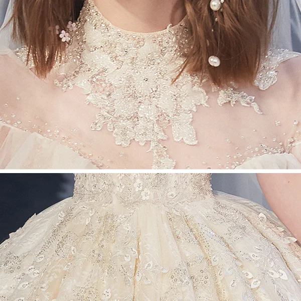 Audrey Hepburn Style Vintage / Retro Champagne See-through Bridal Wedding Dresses 2020 Ball Gown High Neck Short Sleeve Appliques Flower Beading Chapel Train Ruffle