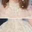 Audrey Hepburn Style Vintage / Retro Champagne See-through Bridal Wedding Dresses 2020 Ball Gown High Neck Short Sleeve Appliques Flower Beading Chapel Train Ruffle