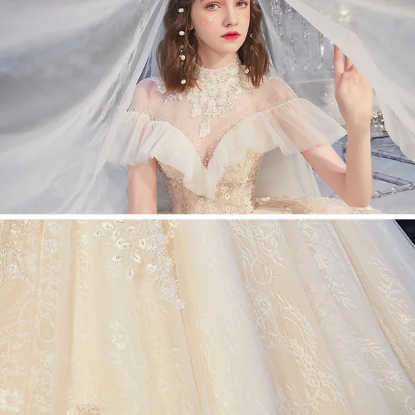 Audrey Hepburn Style Vintage / Retro Champagne See-through Bridal Wedding Dresses 2020 Ball Gown High Neck Short Sleeve Appliques Flower Beading Chapel Train Ruffle