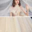 Audrey Hepburn Style Vintage / Retro Champagne See-through Bridal Wedding Dresses 2020 Ball Gown High Neck Short Sleeve Appliques Flower Beading Chapel Train Ruffle