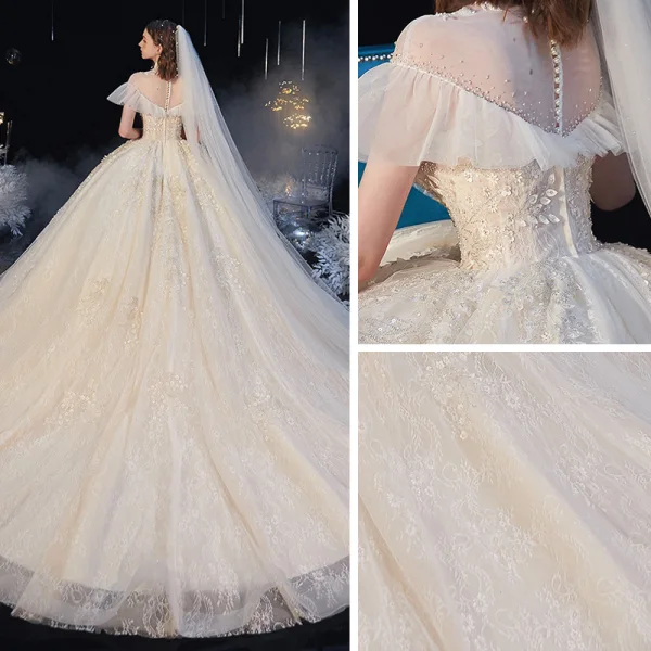 Audrey Hepburn Style Vintage / Retro Champagne See-through Bridal Wedding Dresses 2020 Ball Gown High Neck Short Sleeve Appliques Flower Beading Chapel Train Ruffle