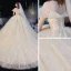 Audrey Hepburn Style Vintage / Retro Champagne See-through Bridal Wedding Dresses 2020 Ball Gown High Neck Short Sleeve Appliques Flower Beading Chapel Train Ruffle