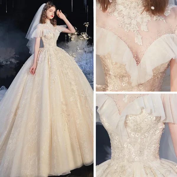 Audrey Hepburn Style Vintage / Retro Champagne See-through Bridal Wedding Dresses 2020 Ball Gown High Neck Short Sleeve Appliques Flower Beading Chapel Train Ruffle