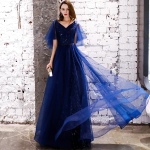 Abordable Bleu Marine Robe De Soirée 2019 Princesse V Cou Manches Courtes Glitter Paillettes Ceinture Longue Dos Nu Robe De Ceremonie