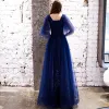 Abordable Bleu Marine Robe De Soirée 2019 Princesse V-Cou Manches Courtes Glitter Paillettes Ceinture Longue Dos Nu Robe De Ceremonie