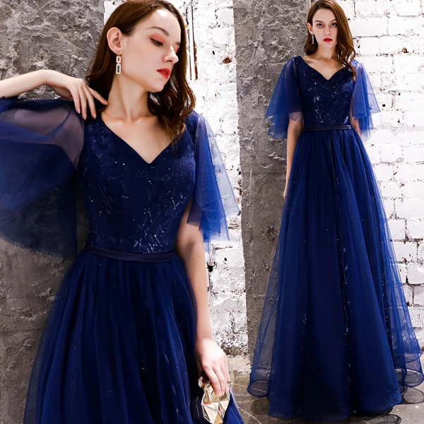 Abordable Bleu Marine Robe De Soirée 2019 Princesse V-Cou Manches Courtes Glitter Paillettes Ceinture Longue Dos Nu Robe De Ceremonie