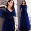 Abordable Bleu Marine Robe De Soirée 2019 Princesse V-Cou Manches Courtes Glitter Paillettes Ceinture Longue Dos Nu Robe De Ceremonie