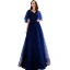 Abordable Bleu Marine Robe De Soirée 2019 Princesse V-Cou Manches Courtes Glitter Paillettes Ceinture Longue Dos Nu Robe De Ceremonie