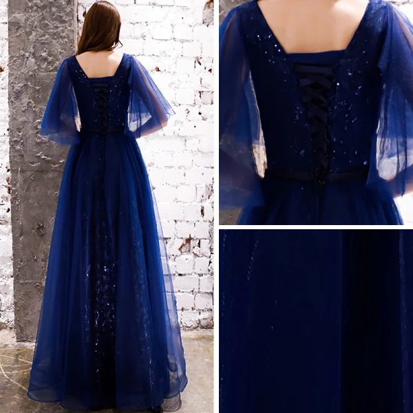 Abordable Bleu Marine Robe De Soirée 2019 Princesse V-Cou Manches Courtes Glitter Paillettes Ceinture Longue Dos Nu Robe De Ceremonie
