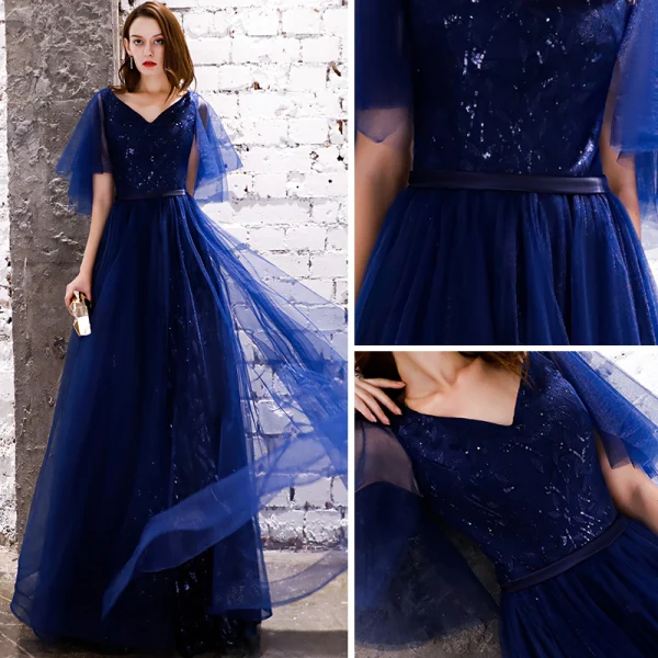 Abordable Bleu Marine Robe De Soirée 2019 Princesse V-Cou Manches Courtes Glitter Paillettes Ceinture Longue Dos Nu Robe De Ceremonie