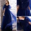 Abordable Bleu Marine Robe De Soirée 2019 Princesse V-Cou Manches Courtes Glitter Paillettes Ceinture Longue Dos Nu Robe De Ceremonie