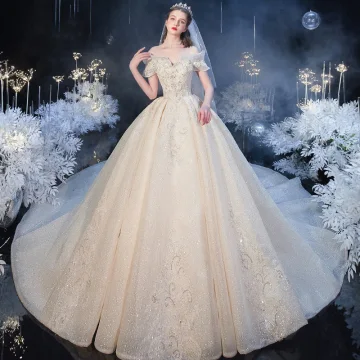 Luxe Champagne La Mariée Robe De Mariée 2020 Robe Boule De L 039 Épaule Manches Courtes Dos Nu Glitter Tulle Perlage Cathedral Train Volants