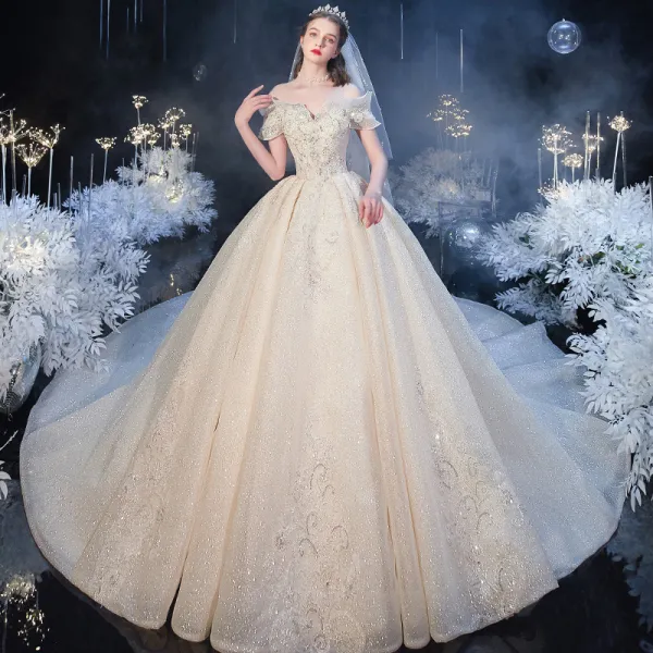 Luxury / Gorgeous Champagne Bridal Wedding Dresses 2020 Ball Gown Off-The-Shoulder Short Sleeve Backless Glitter Tulle Beading Cathedral Train Ruffle