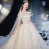 Luxury / Gorgeous Champagne Bridal Wedding Dresses 2020 Ball Gown Off-The-Shoulder Short Sleeve Backless Glitter Tulle Beading Cathedral Train Ruffle