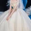 Luxe Champagne Bruids Trouwjurken 2020 Baljurk Uit De Schouder Korte Mouwen Ruglooze Glans Tule Kralen Cathedral Train Ruche