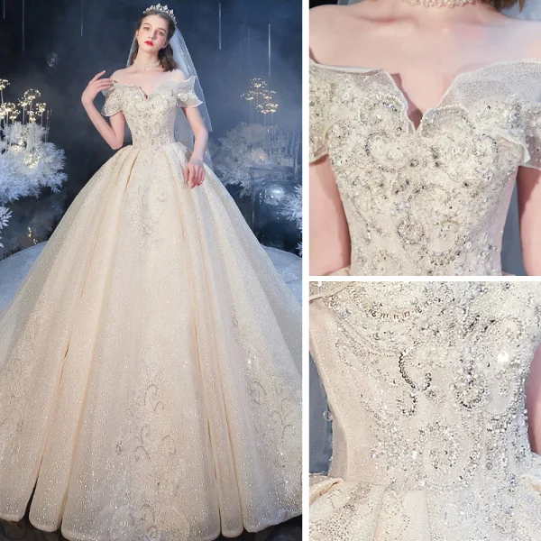 Luxe Champagne Bruids Trouwjurken 2020 Baljurk Uit De Schouder Korte Mouwen Ruglooze Glans Tule Kralen Cathedral Train Ruche