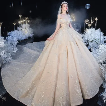 Mooie Prachtige Champagne Bruids Trouwjurken 2020 Baljurk Uit De Schouder Korte Mouwen Ruglooze Glans Tule Appliques Kant Kralen Cathedral Train Ruche