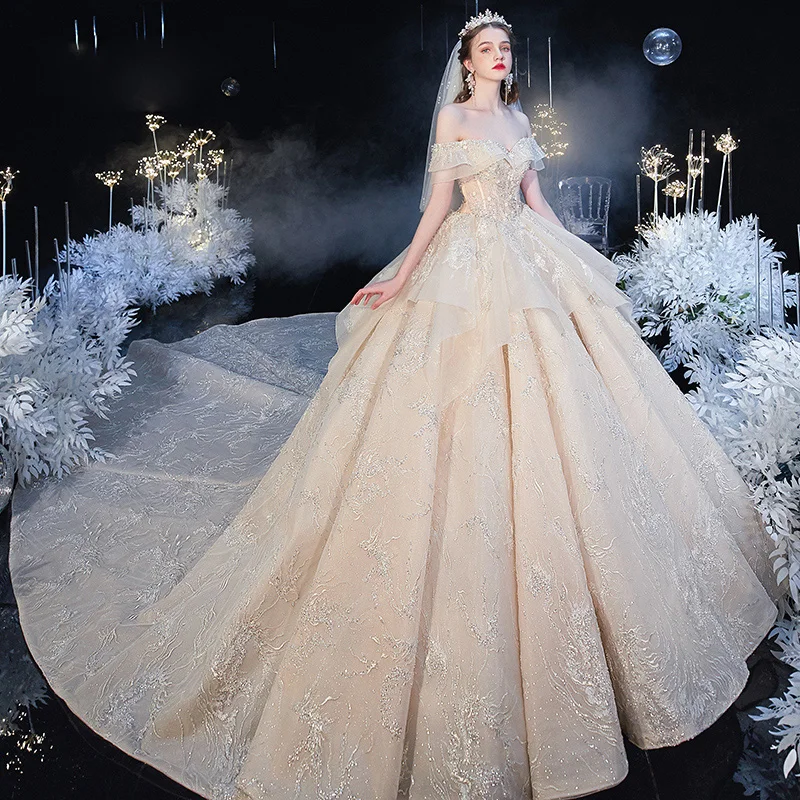 Chic Beautiful Champagne Bridal Wedding Dresses 2020 Ball Gown Off The Shoulder Short Sleeve Backless Glitter Tulle Appliques Lace Beading Cathedral Train Ruffle Chic Beautiful Champagne Bridal Wedding Dresses 2020 Ball Gown Off The Shoulder Short Sleeve Backless Glitter Tulle Appliques Lace Beading Cathedral Train Ruffle