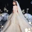 Mooie / Prachtige Champagne Bruids Trouwjurken 2020 Baljurk Uit De Schouder Korte Mouwen Ruglooze Glans Tule Appliques Kant Kralen Cathedral Train Ruche