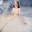 Mooie / Prachtige Champagne Bruids Trouwjurken 2020 Baljurk Uit De Schouder Korte Mouwen Ruglooze Glans Tule Appliques Kant Kralen Cathedral Train Ruche