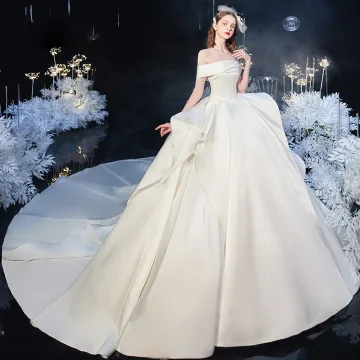 Modest Simple Ivory Satin Bridal Wedding Dresses 2020 Ball Gown Off The Shoulder Short Sleeve Backless Cathedral Train Ruffle