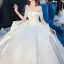 Modest / Simple Ivory Satin Bridal Wedding Dresses 2020 Ball Gown Off-The-Shoulder Short Sleeve Backless Cathedral Train Ruffle
