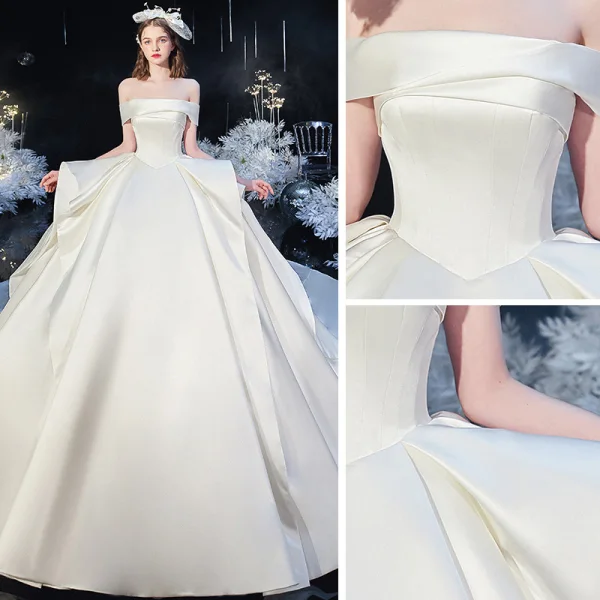 Modest / Simple Ivory Satin Bridal Wedding Dresses 2020 Ball Gown Off-The-Shoulder Short Sleeve Backless Cathedral Train Ruffle