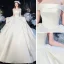 Modest / Simple Ivory Satin Bridal Wedding Dresses 2020 Ball Gown Off-The-Shoulder Short Sleeve Backless Cathedral Train Ruffle