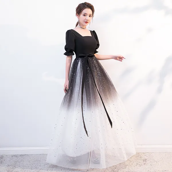 Affordable Black Gradient-Color White Evening Dresses  2020 A-Line / Princess Square Neckline Puffy Short Sleeve Sash Star Sequins Floor-Length / Long Ruffle Backless Formal Dresses