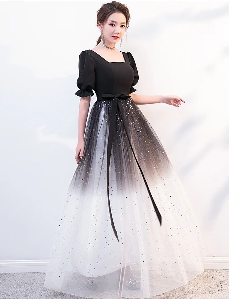 Affordable Black Gradient Color White Evening Dresses 2020 A Line Princess  Square Neckline Puffy Short Sleeve Sash Star Sequins Floor Length Long  Ruffle Backless Formal Dresses