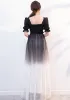 Affordable Black Gradient-Color White Evening Dresses  2020 A-Line / Princess Square Neckline Puffy Short Sleeve Sash Star Sequins Floor-Length / Long Ruffle Backless Formal Dresses