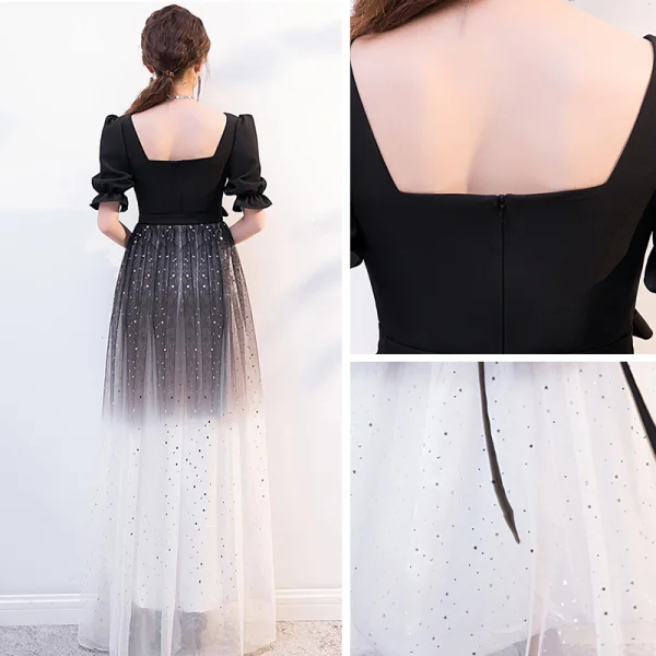 black and white evening dresses with sleeves Elegant Spaghetti-Straps Black and White Prom Dress Long With Slit