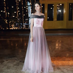 Élégant Rose Bonbon Robe De Soirée 2020 Princesse De L 039 Épaule Manches Courtes Glitter Tulle Appliques Fleur Perlage Longue Volants Dos Nu Robe De Ceremonie