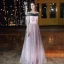 Elegant Candy Pink Evening Dresses  2020 A-Line / Princess Off-The-Shoulder Short Sleeve Glitter Tulle Appliques Flower Beading Floor-Length / Long Ruffle Backless Formal Dresses