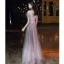 Elegant Candy Pink Evening Dresses  2020 A-Line / Princess Off-The-Shoulder Short Sleeve Glitter Tulle Appliques Flower Beading Floor-Length / Long Ruffle Backless Formal Dresses