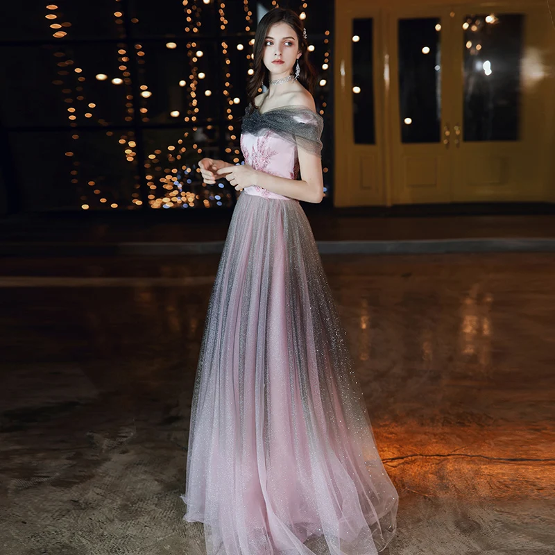 how to make beaded fringe dress A-line Off The Shoulder Navy Blue Tulle Prom Dress With Beading PG737 US16 / Custom Color main image 0