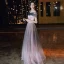 Elegant Candy Pink Evening Dresses  2020 A-Line / Princess Off-The-Shoulder Short Sleeve Glitter Tulle Appliques Flower Beading Floor-Length / Long Ruffle Backless Formal Dresses