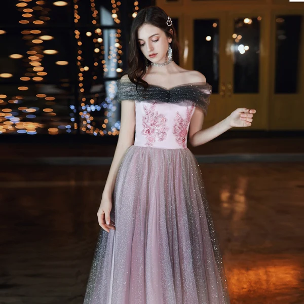 Elegant Candy Pink Evening Dresses 2020 A-Line / Princess Off-The-Shoulder Short Sleeve Glitter Tulle Appliques Flower Beading Floor-Length / Long Ruffle Backless Formal Dresses
