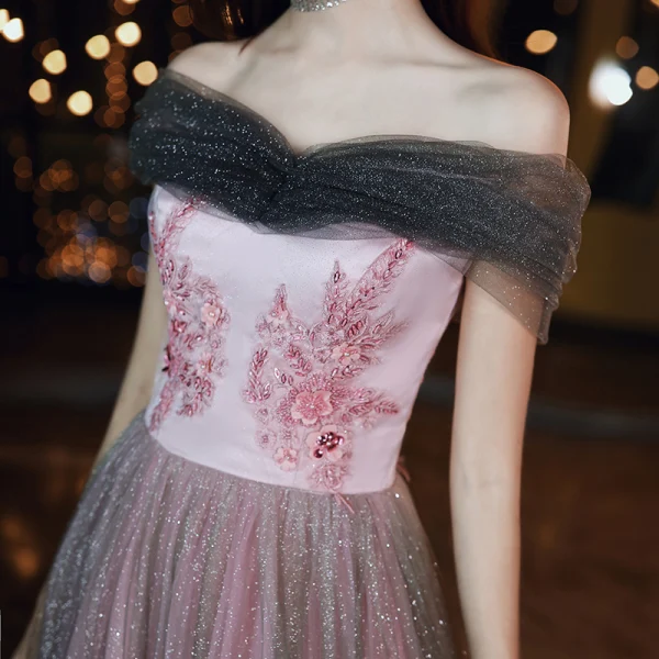 Elegant Candy Pink Evening Dresses 2020 A-Line / Princess Off-The-Shoulder Short Sleeve Glitter Tulle Appliques Flower Beading Floor-Length / Long Ruffle Backless Formal Dresses