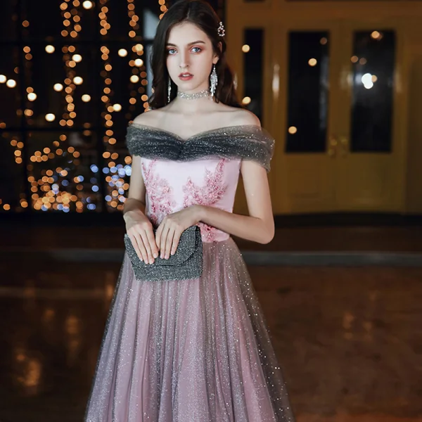 Elegant Candy Pink Evening Dresses 2020 A-Line / Princess Off-The-Shoulder Short Sleeve Glitter Tulle Appliques Flower Beading Floor-Length / Long Ruffle Backless Formal Dresses