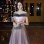Elegant Candy Pink Evening Dresses  2020 A-Line / Princess Off-The-Shoulder Short Sleeve Glitter Tulle Appliques Flower Beading Floor-Length / Long Ruffle Backless Formal Dresses