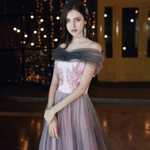 Elegant Candy Pink Evening Dresses 2020 A-Line / Princess Off-The-Shoulder Short Sleeve Glitter Tulle Appliques Flower Beading Floor-Length / Long Ruffle Backless Formal Dresses