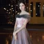Elegant Candy Pink Evening Dresses  2020 A-Line / Princess Off-The-Shoulder Short Sleeve Glitter Tulle Appliques Flower Beading Floor-Length / Long Ruffle Backless Formal Dresses