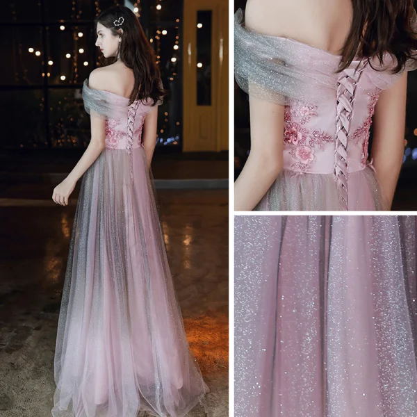 Elegant Candy Pink Evening Dresses 2020 A-Line / Princess Off-The-Shoulder Short Sleeve Glitter Tulle Appliques Flower Beading Floor-Length / Long Ruffle Backless Formal Dresses