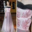 Elegant Candy Pink Evening Dresses  2020 A-Line / Princess Off-The-Shoulder Short Sleeve Glitter Tulle Appliques Flower Beading Floor-Length / Long Ruffle Backless Formal Dresses