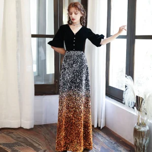 Chic Belle Noire Dégradé De Couleur Orange Paillettes Robe De Soirée 2020 Princesse V Cou Gonflée 1 2 Manches Longue Dos Nu Robe De Ceremonie